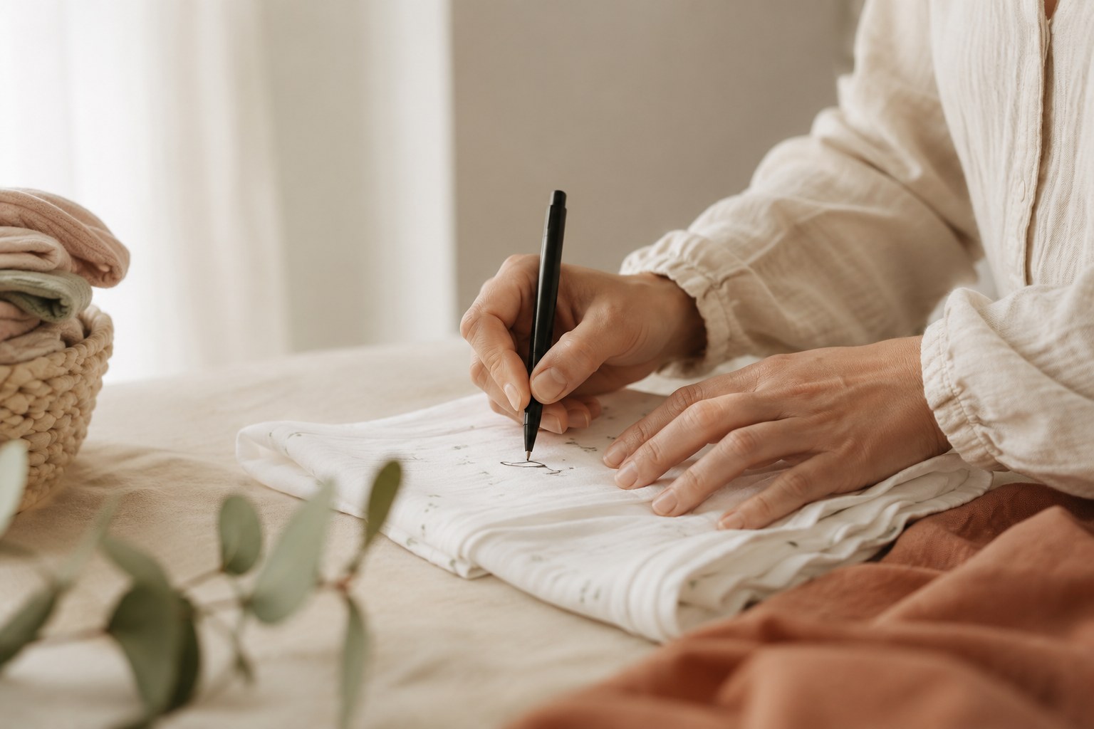 やわらかな光の中で、たたんだ白い肌着に名前を書き入れている親の手元。